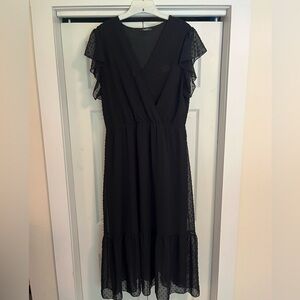 Chic Black Swiss Dot Midi Dress with Ruffle Sleeves